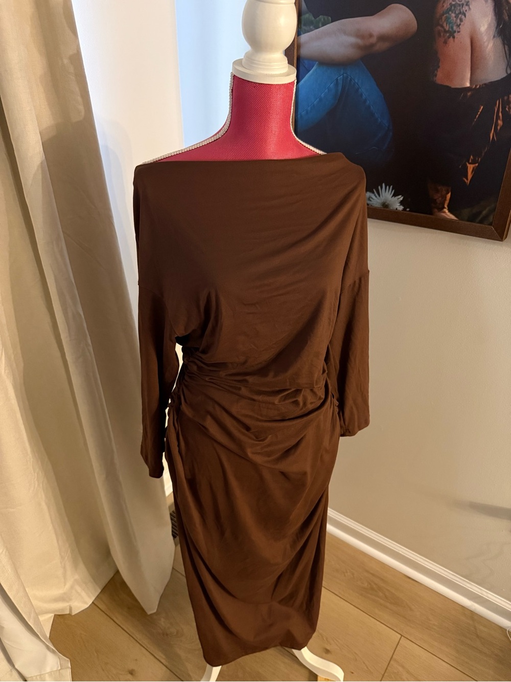 SHEIN Brown Off-Shoulder Ruched Midi Dress